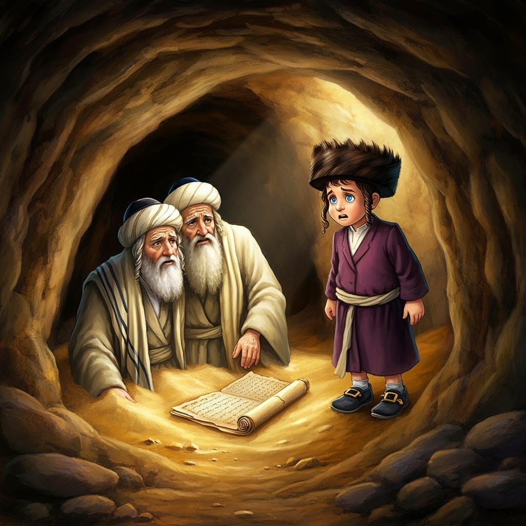 Rabbi and Son Hiding in Cave, Children's Book Illustration