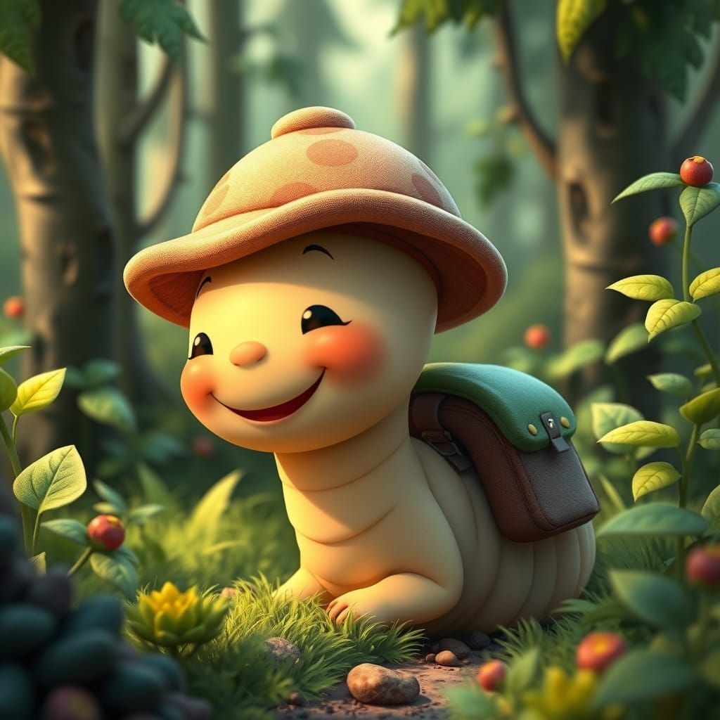 Cartoon Worm in Forest: Whimsical Digital Art
