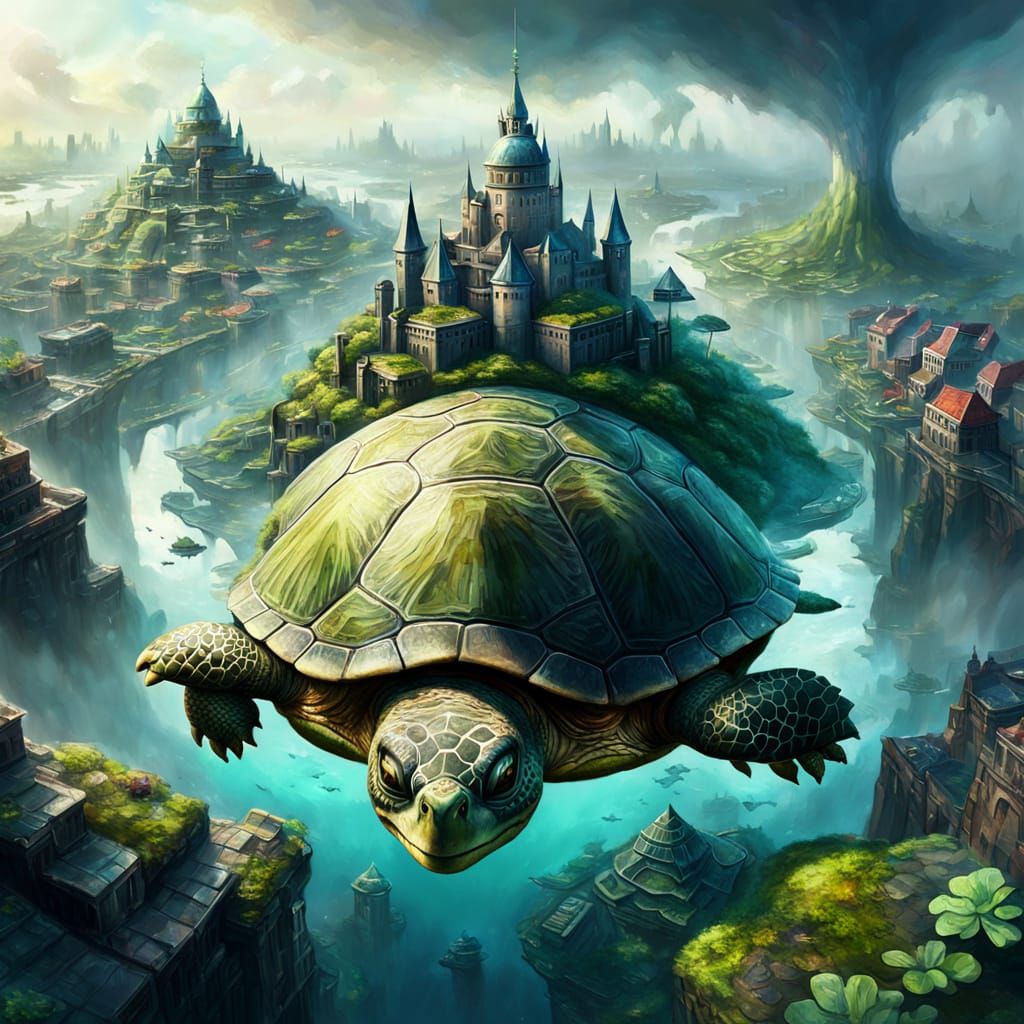 Colossal Turtle City in Impressionistic Oil Painting