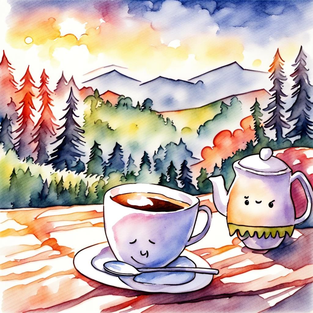 Deer with Coffee Cup in Black Forest Watercolor