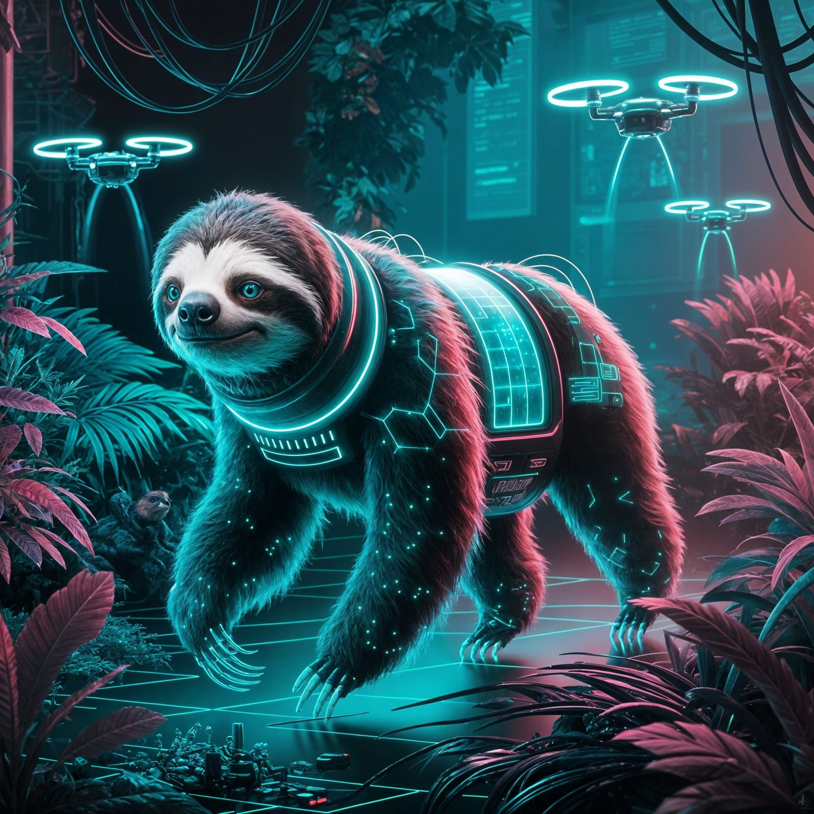 Cyberpunk Sloth in Neon Jungle with Drones