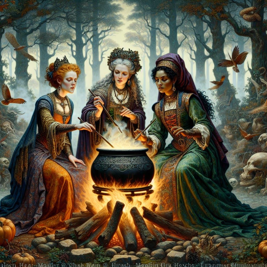 Enchanting Witches Cast Spell in Forest, 16th-Century Style