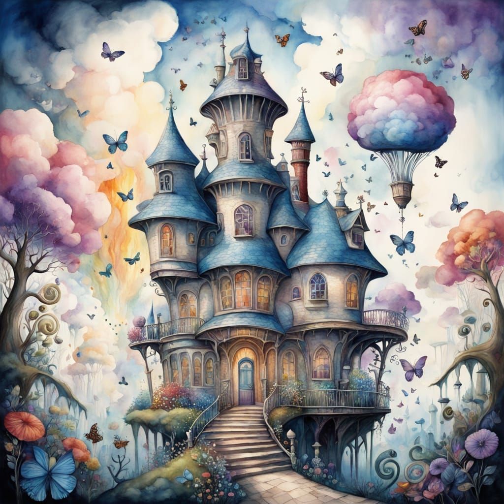 Surreal Watercolor House Among Clouds and Rainbow