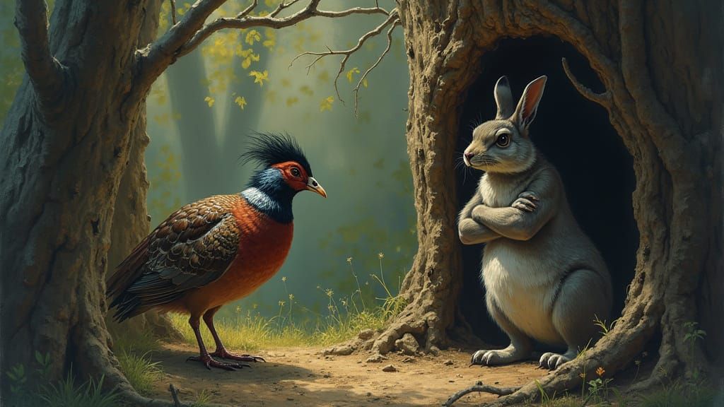 Partridge Confronts Hare in Tree Hollow, Kley Style