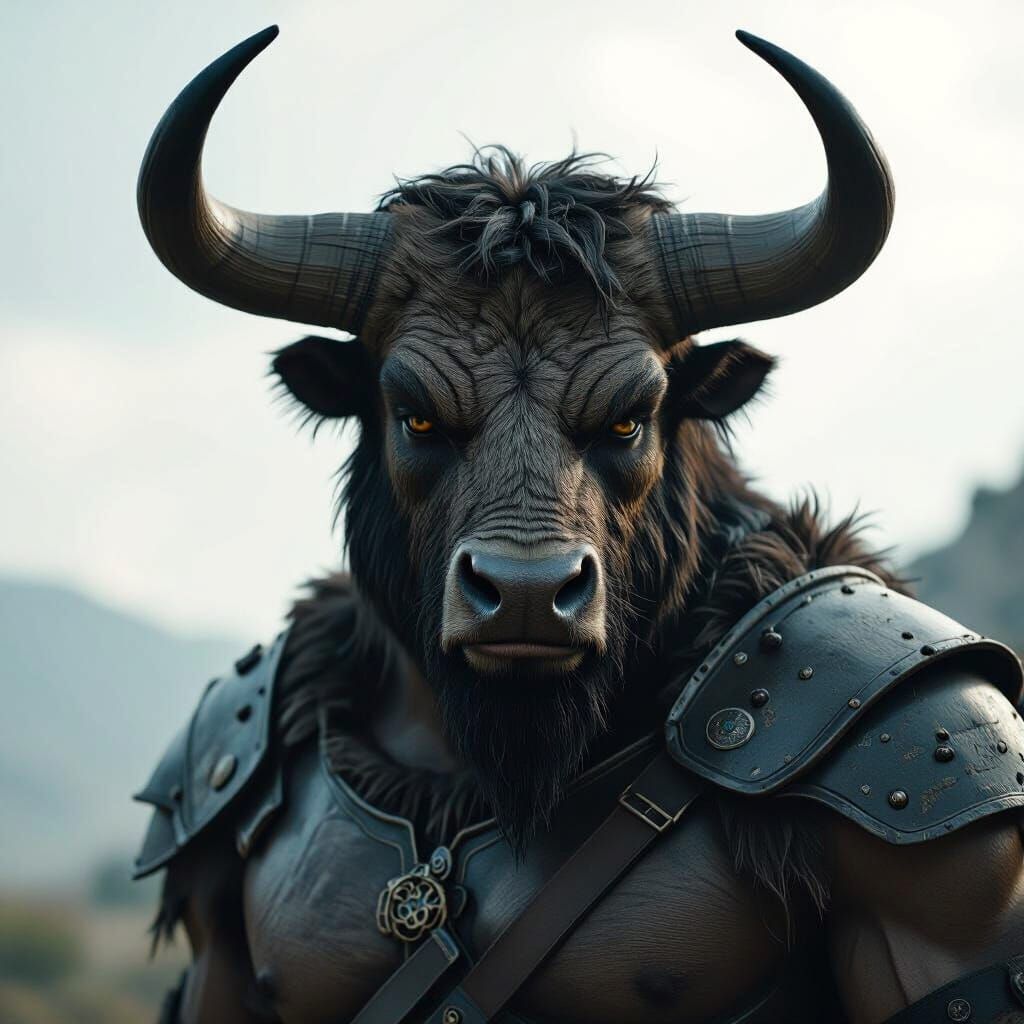 Unarmored Minotaur Full Body Side View Cinematic Film Still