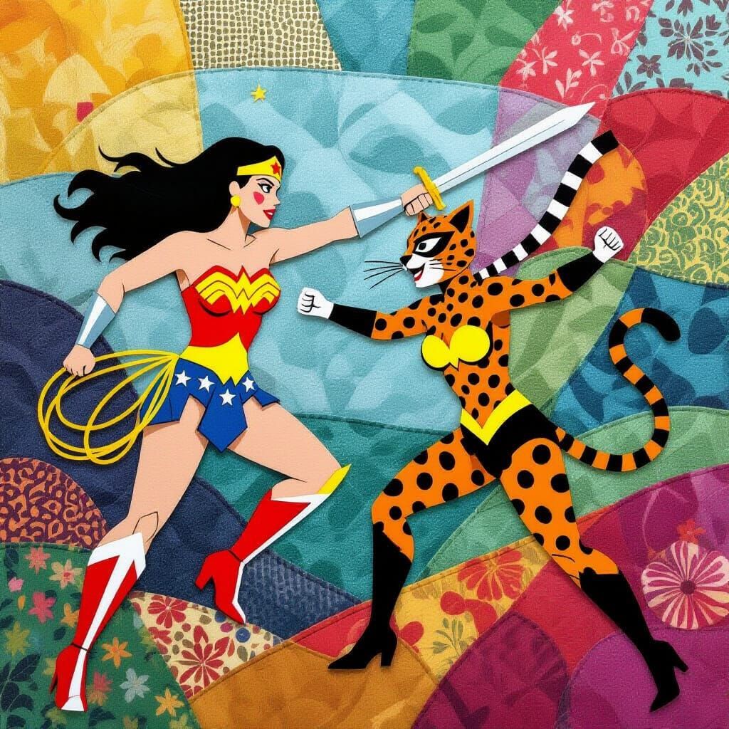 Wonder Woman vs Cheetah in Felt Cloth Style