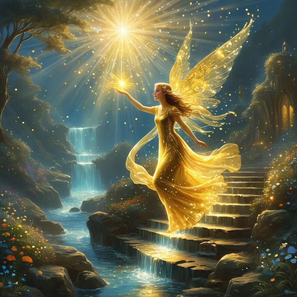 Golden Fairy Descending with Light, Ethereal Art