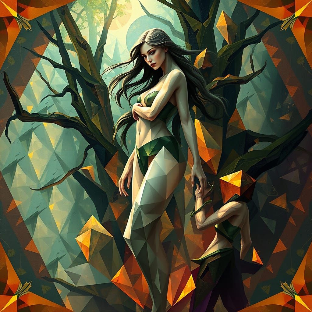 Mystical Forest Naiad in Art Deco Cubist Style