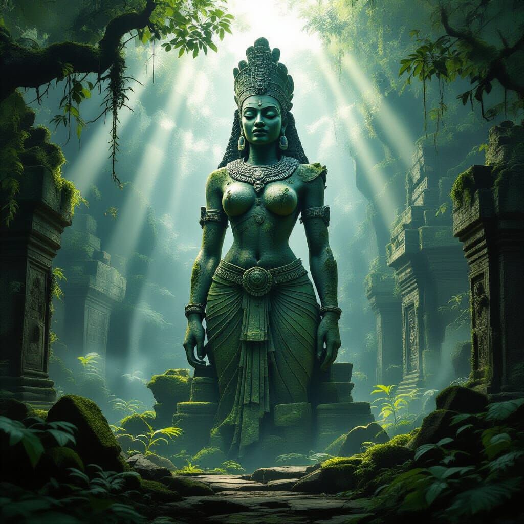 Ancient African Queen Sculpture in Misty Jungle Temple