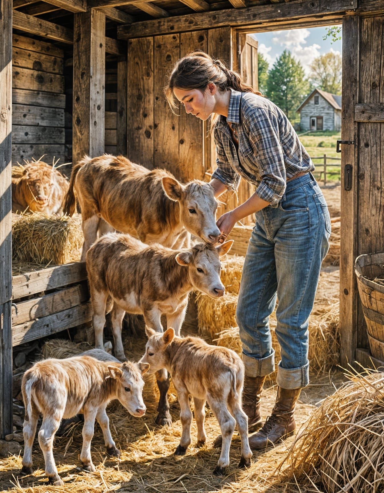 Peaceful Farm Scene: Woman Feeds Calves in Barn