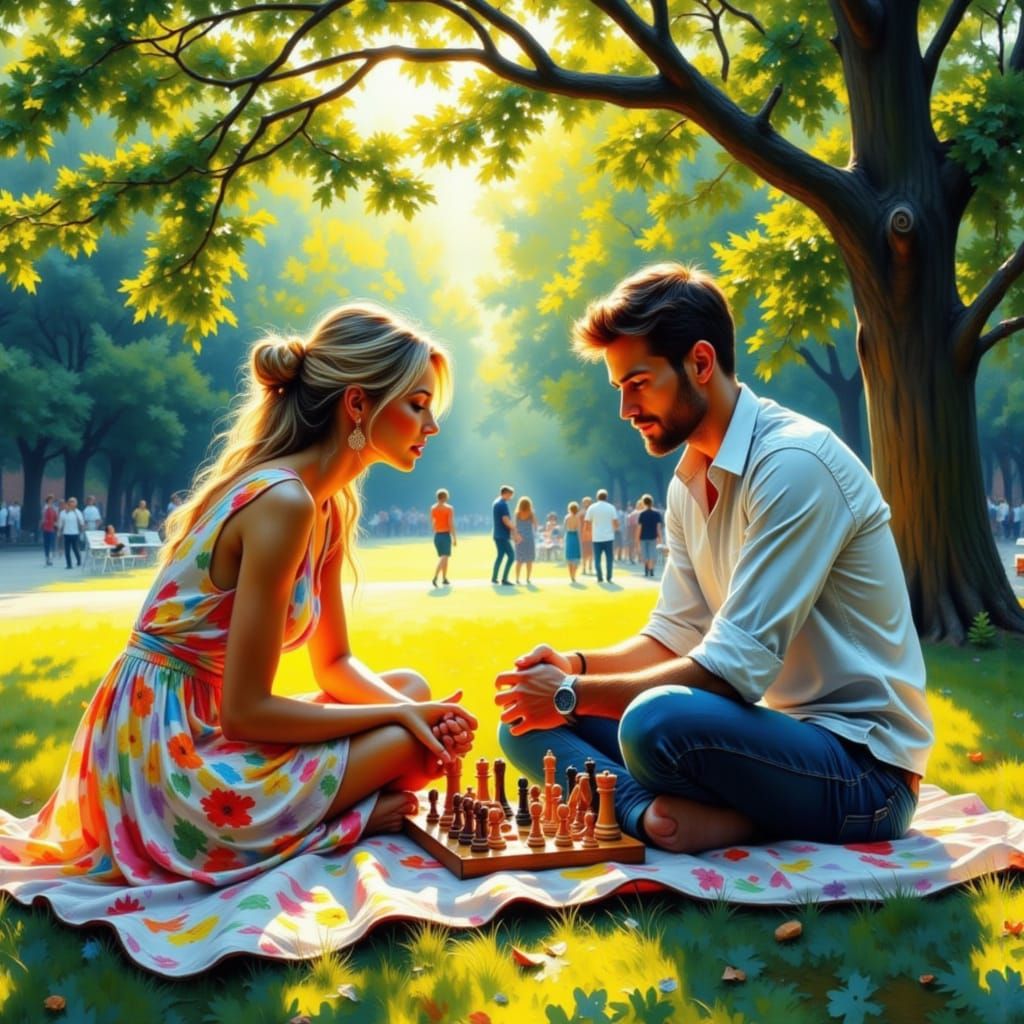 Couple Playing Chess in Central Park, Impasto Style