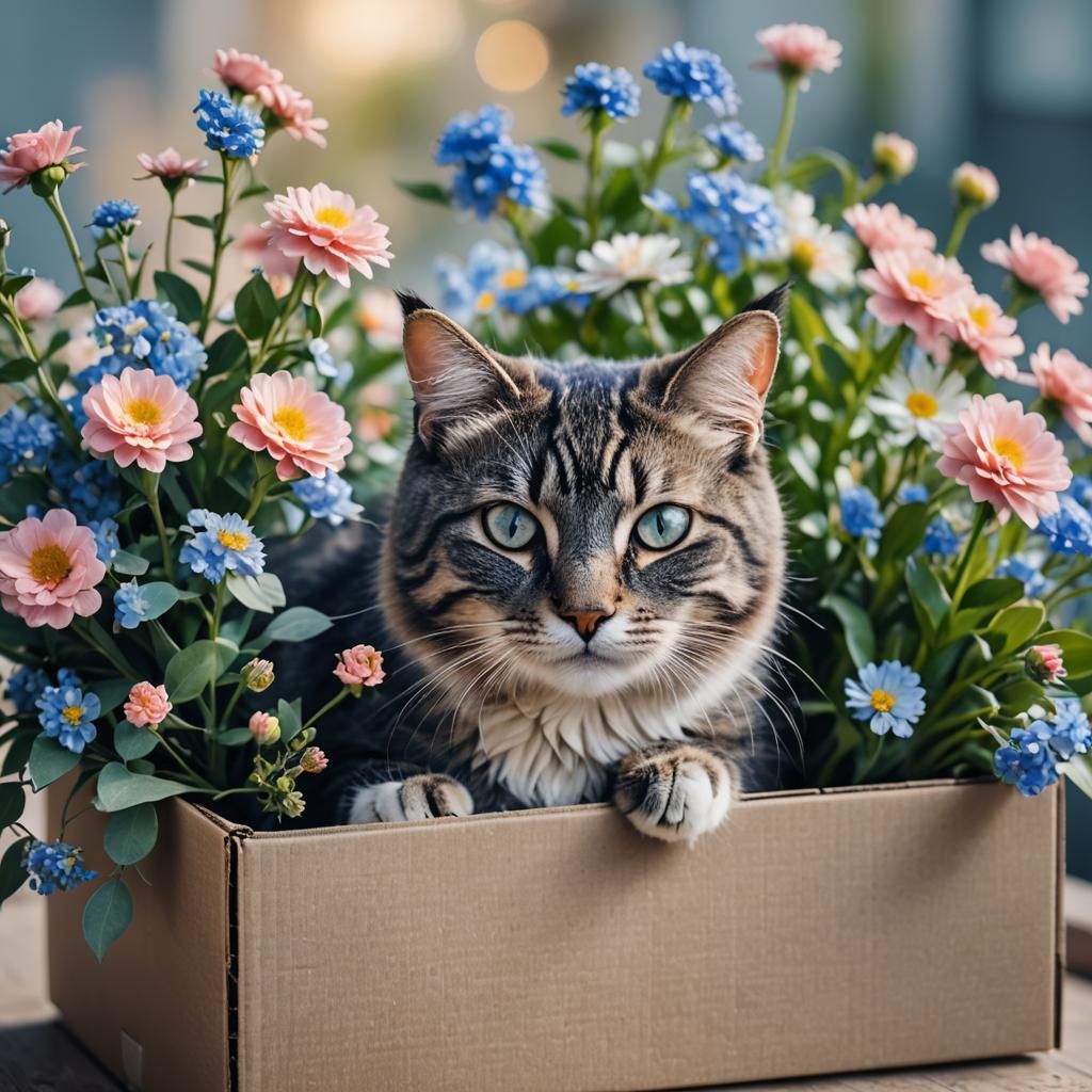 Cat in Box with Blue Flowers Photo