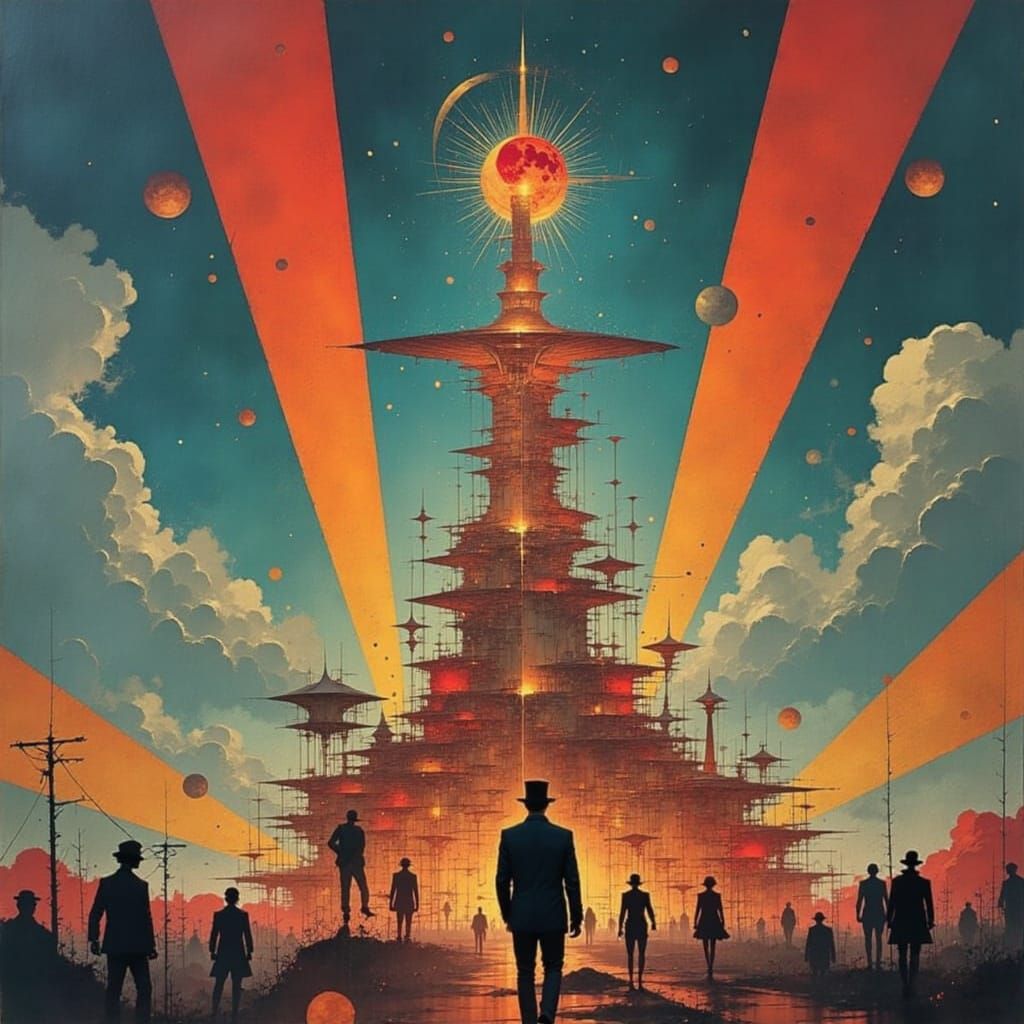 Fractured Uncle Sam in Surreal Geometric Landscape