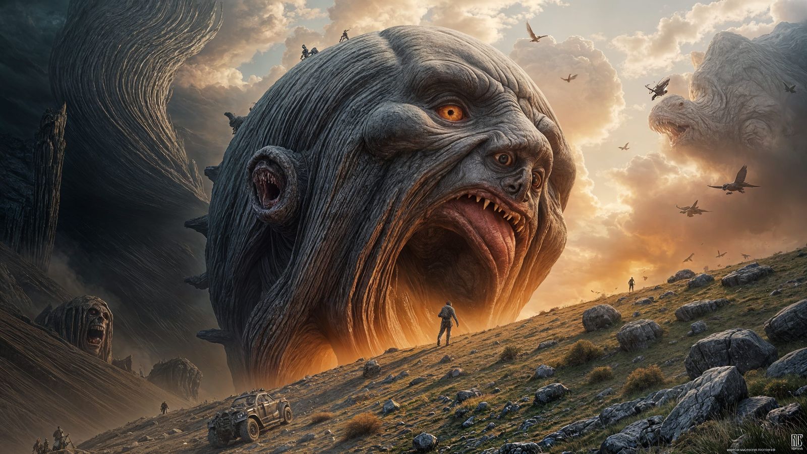 Terrified Giant Head Tumbling Downhill: Digital Matte Painti...