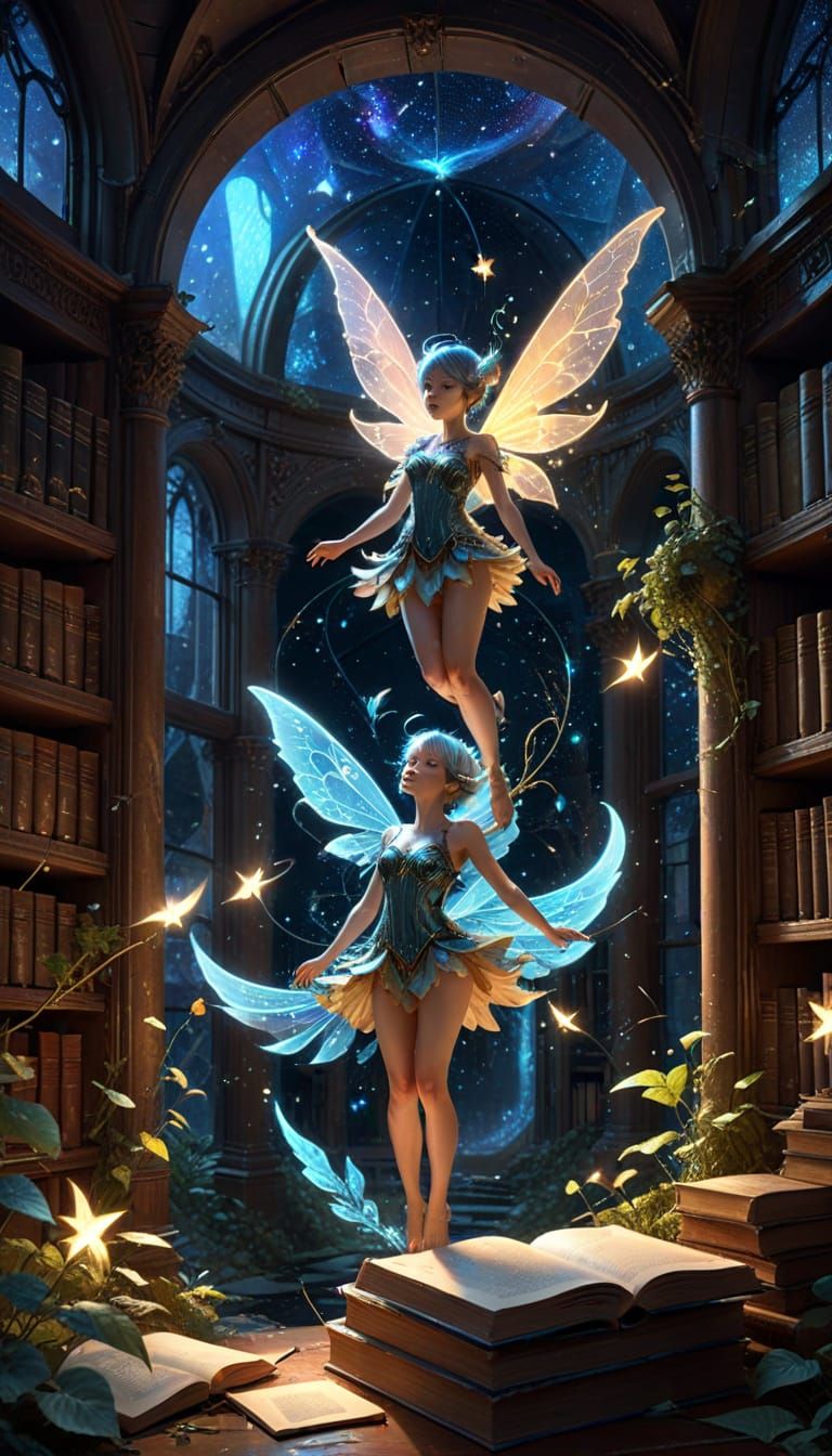 Bioluminescent Pixie in Magical Library: Digital Art