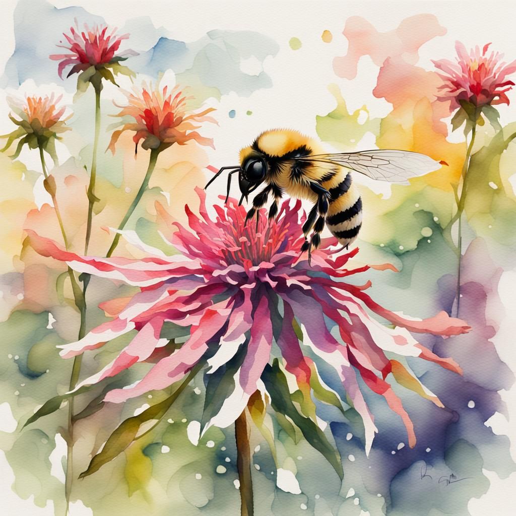 Bee Balm Watercolor Illustration in Abstract Impressionism