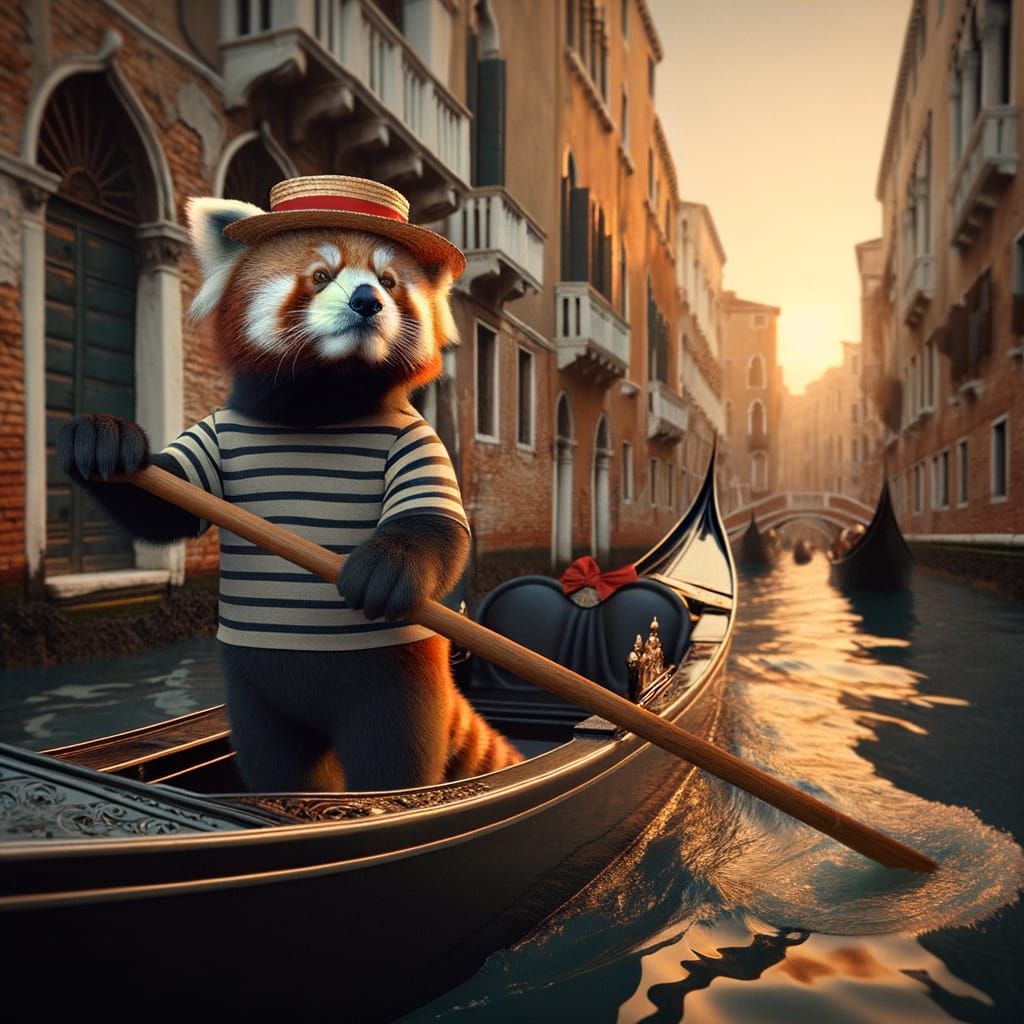 Red Panda Gondolier Navigates Venice Canals at Sunset