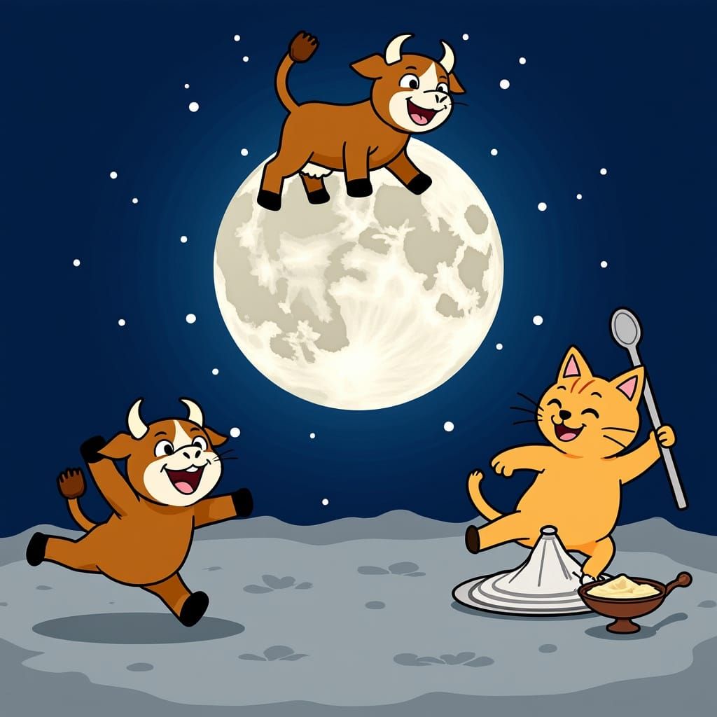 Nursery Rhyme Characters in a Whimsical Night Scene