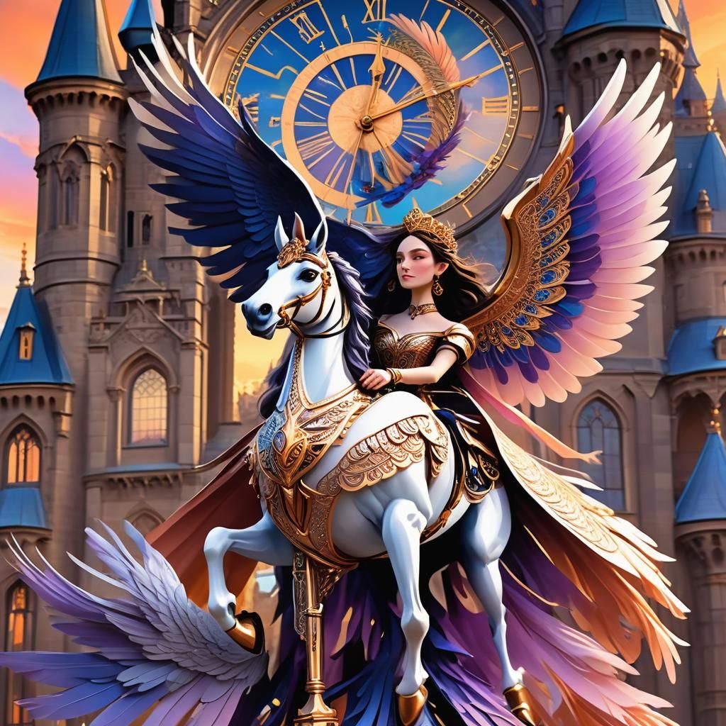 Valkyrie on Winged Pegasus at Sunset