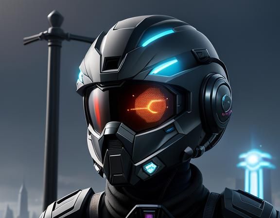 Futuristic Helmet on Pole in Sci-Fi Cityscape