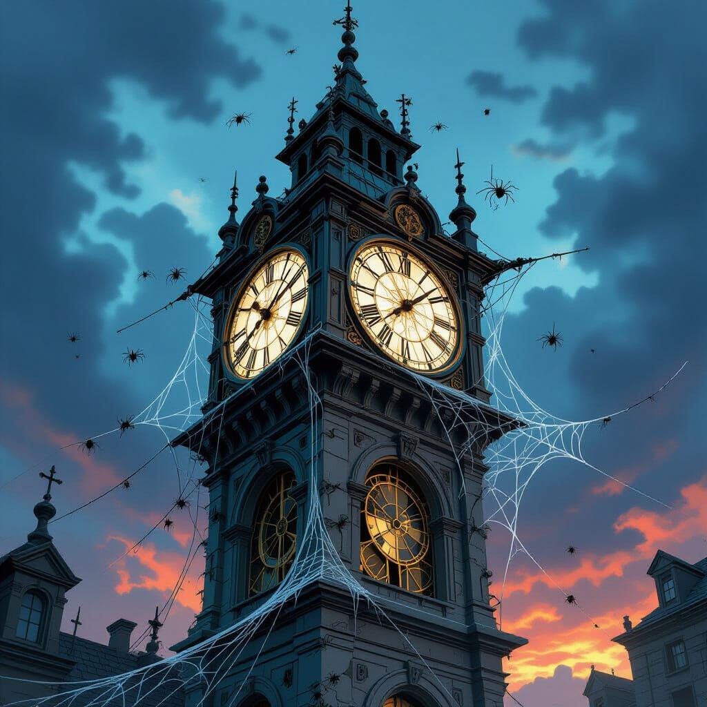 Spiderweb Clock Tower in Dark Fantasy Style