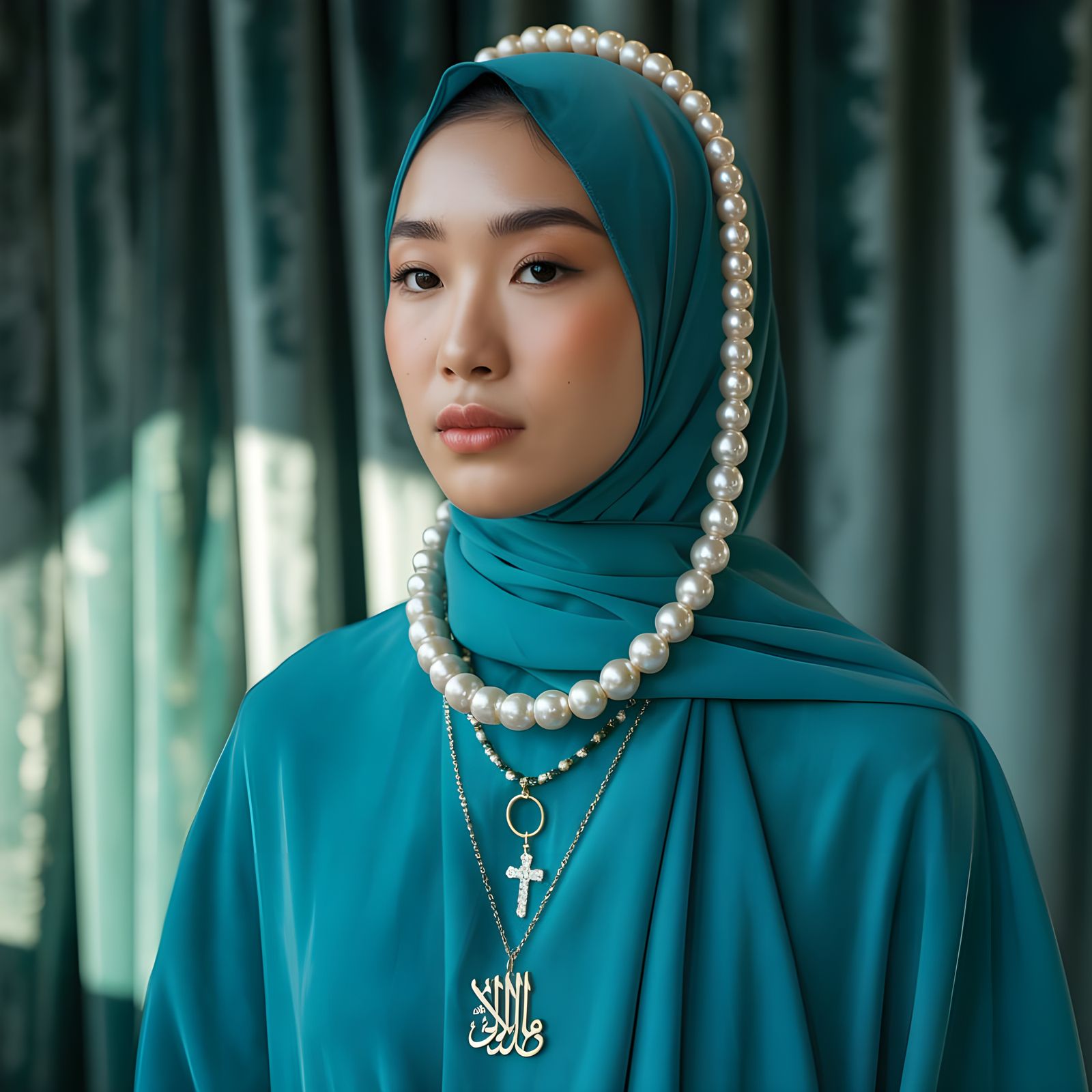 Asian Woman in Hijab with Pearl Collar and Pendants