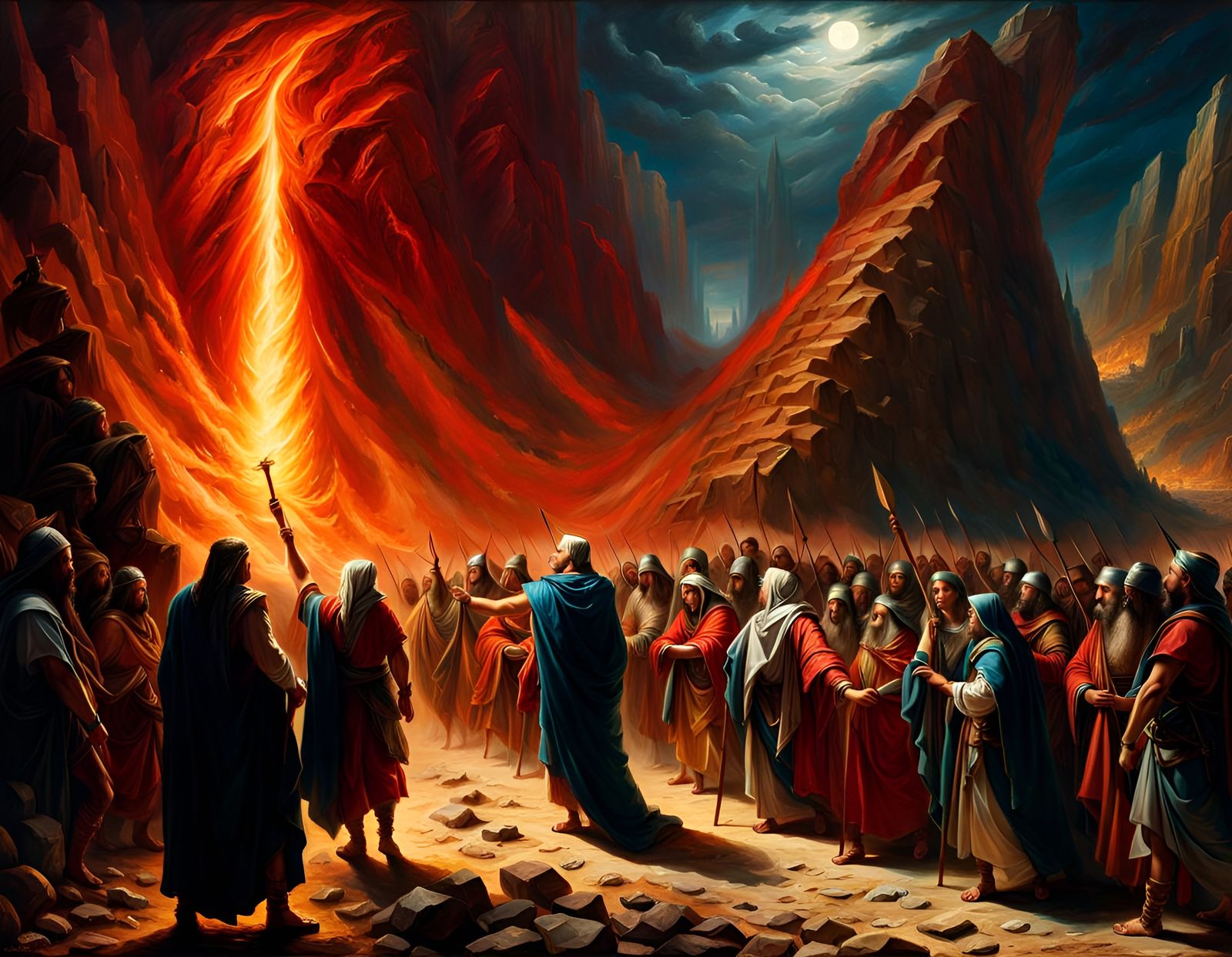 Moses Leads Exodus in Fiery Oil Painting