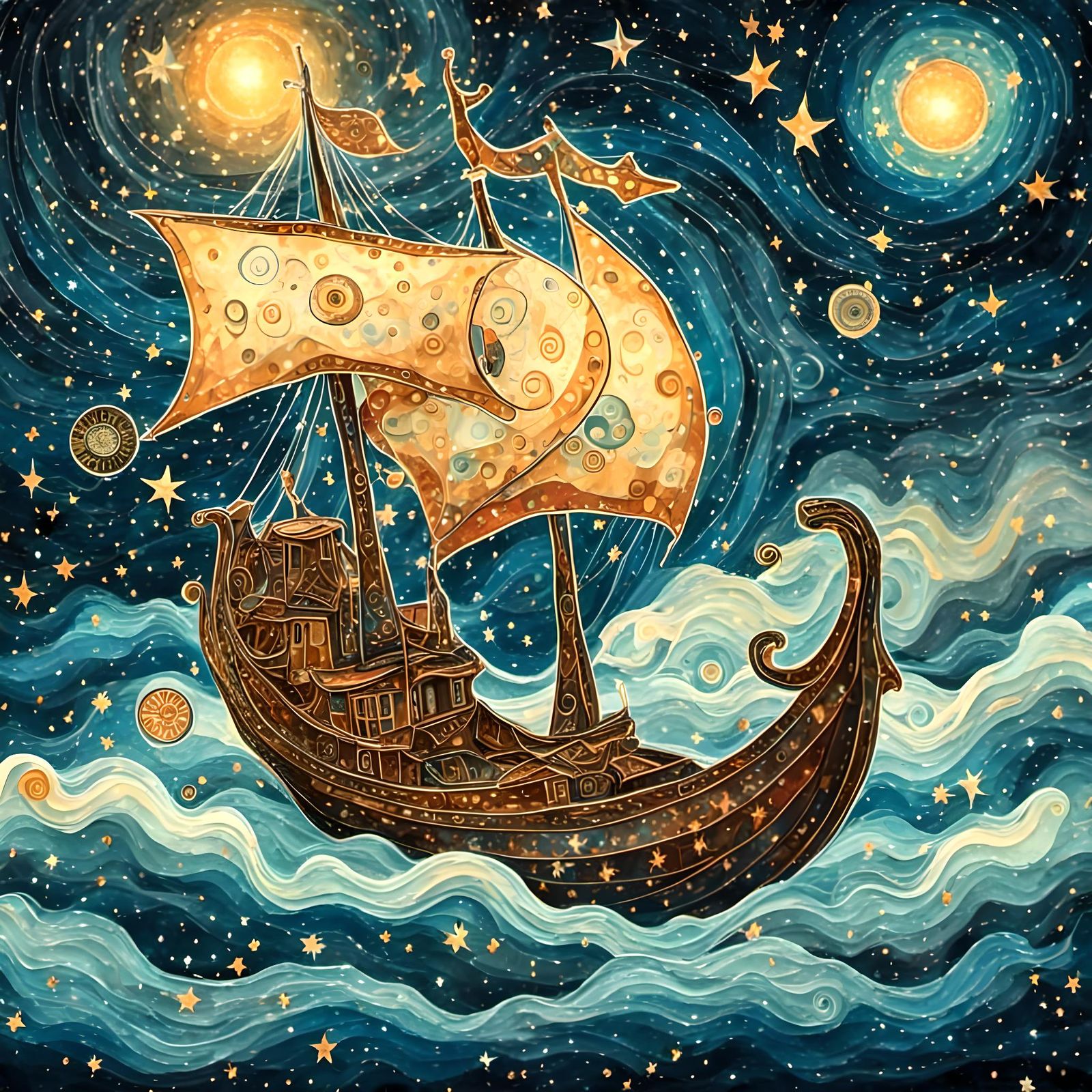 Viking Ship Sailing Through Starry Sky