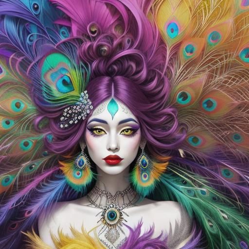 Abstract Portrait of Woman with Peacock Feather Hair