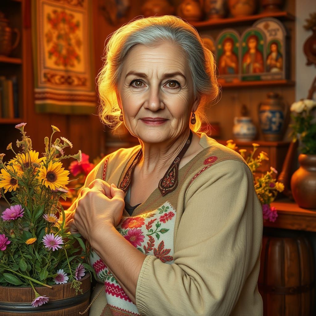 Warm Ukrainian Woman Surrounded by Folk Art and Nature