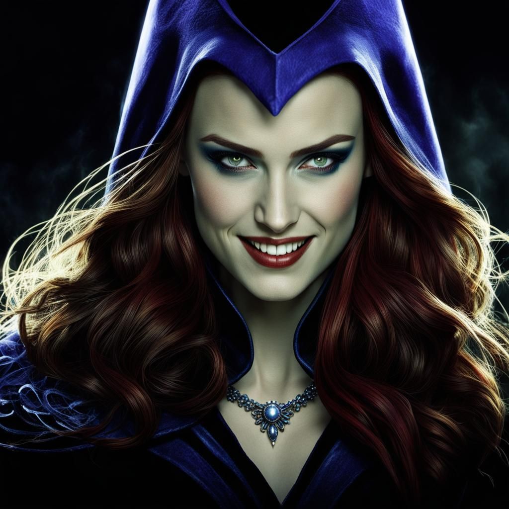 Evil Sorceress with Red Hair and Sadistic Smile