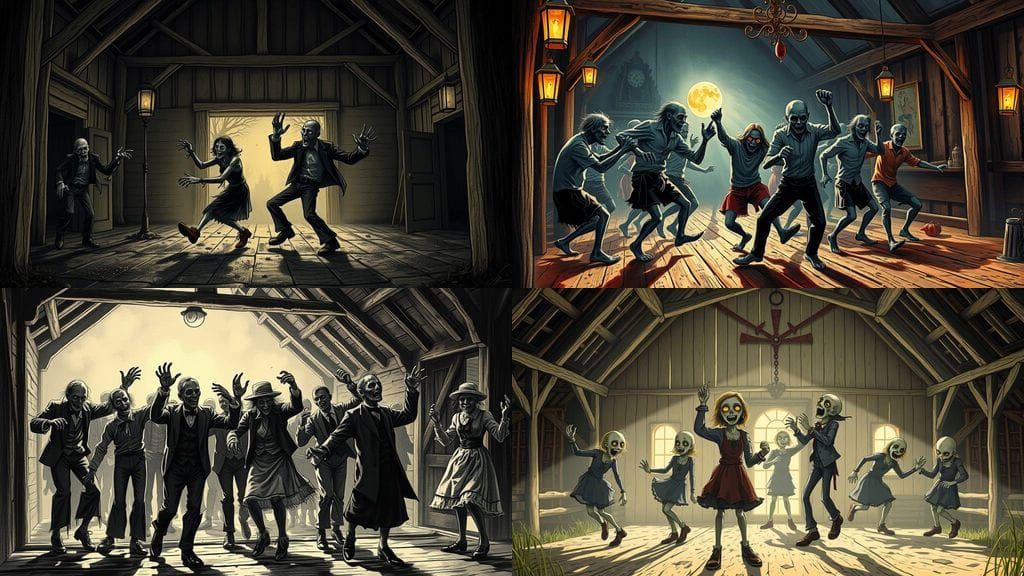 Zombies Dancing in Barn: Victorian Storybook Illustration
