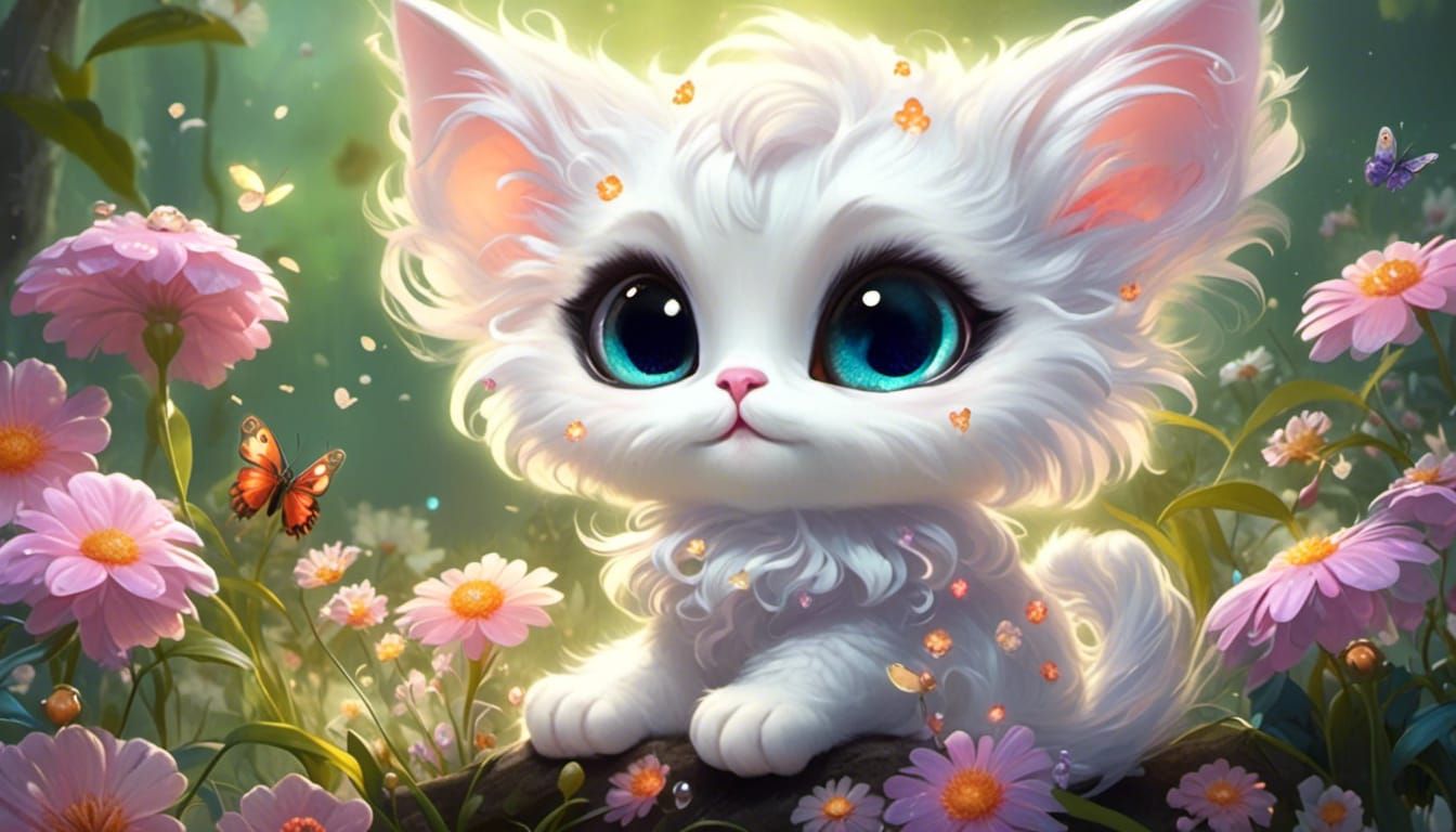 <lora:Pearls and nacre 2:1.0> fluffy Chibi Cats big eyes white sitting on a large flower easter time, sparkling fireflie...
