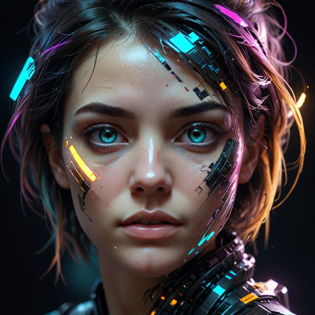 Portrait glitch. Le visage d'une jeune femme se fragmente en pixels, révélant un circuit imprimé caché sous sa peau. Gro...