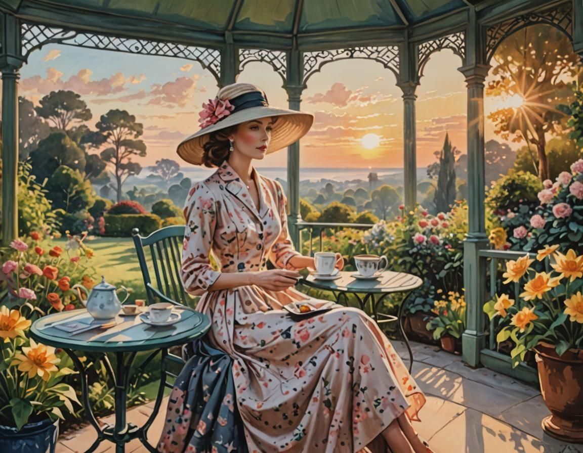 a painting of a woman seated in her garden gazebo, having a ...