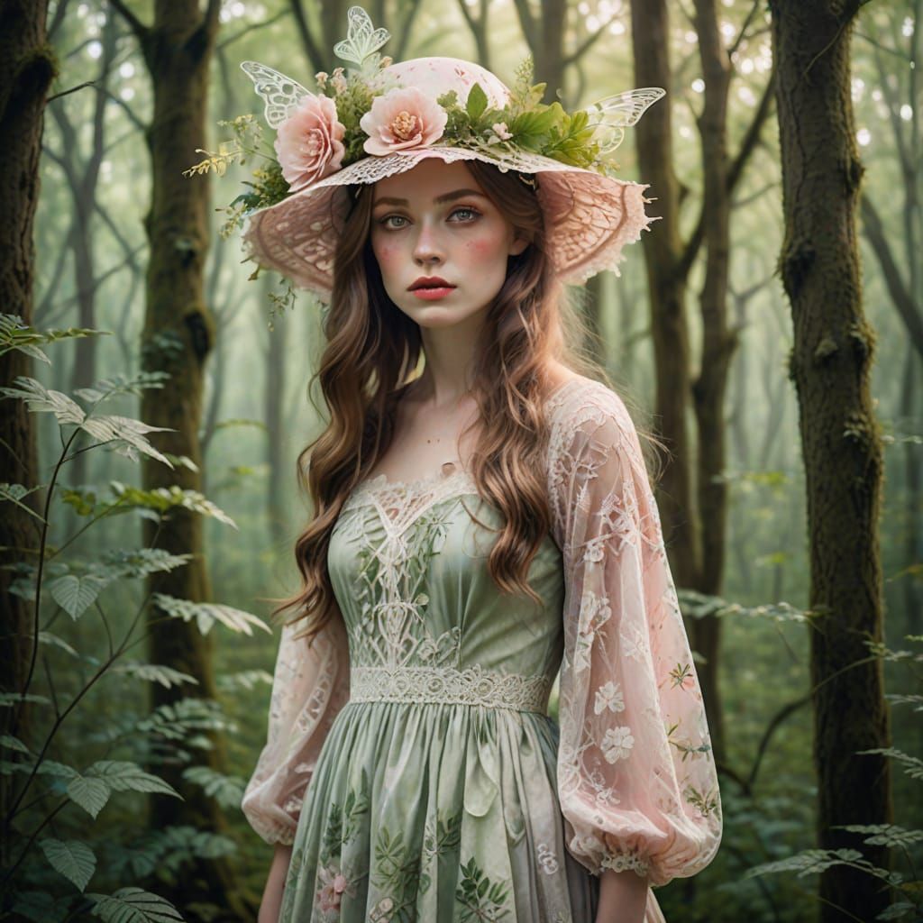 Surreal Woman in Mystical Forest, Watercolor Style