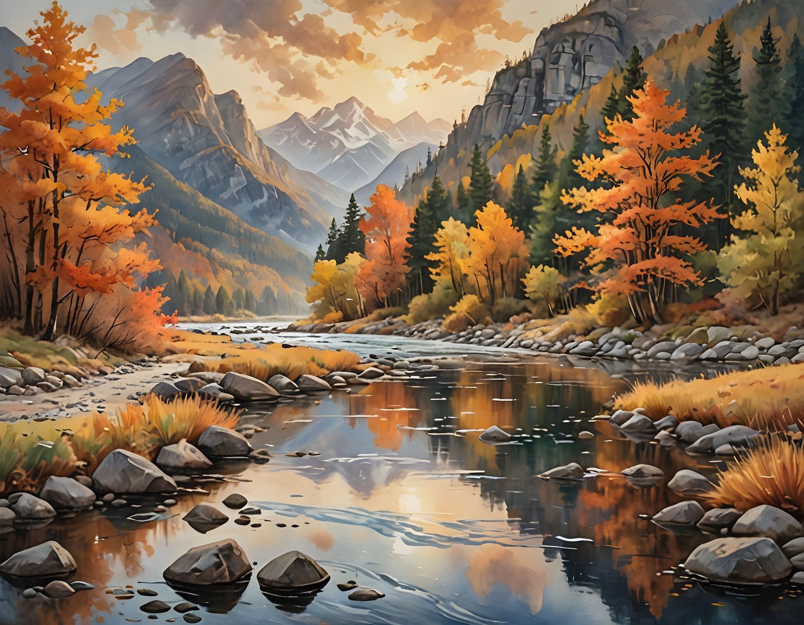 Watercolor River Spirals Through Autumn Mountain Sunset