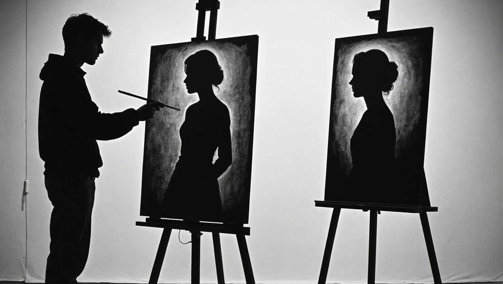 Monochrome Artist Silhouette with Charcoal Drawing