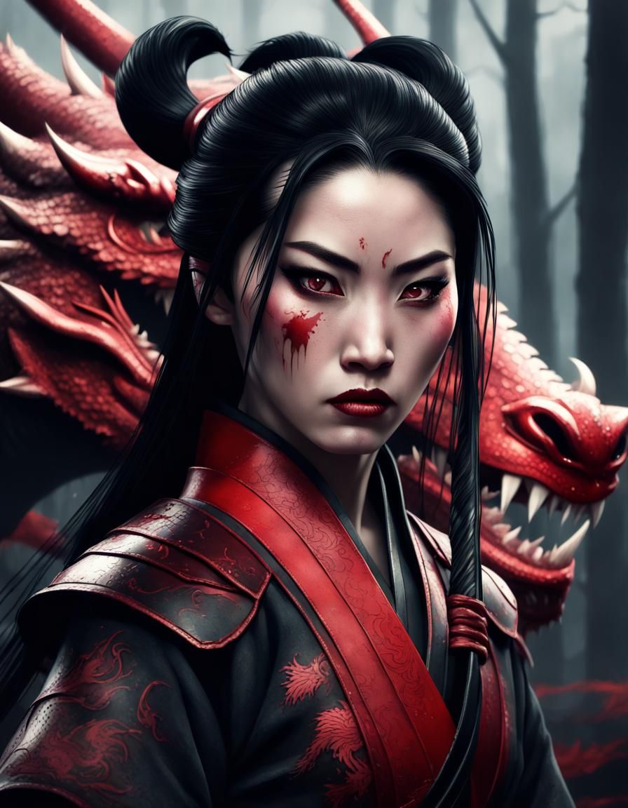 Evil Mulan Portrait with Red Dragon, Dark Fantasy Art