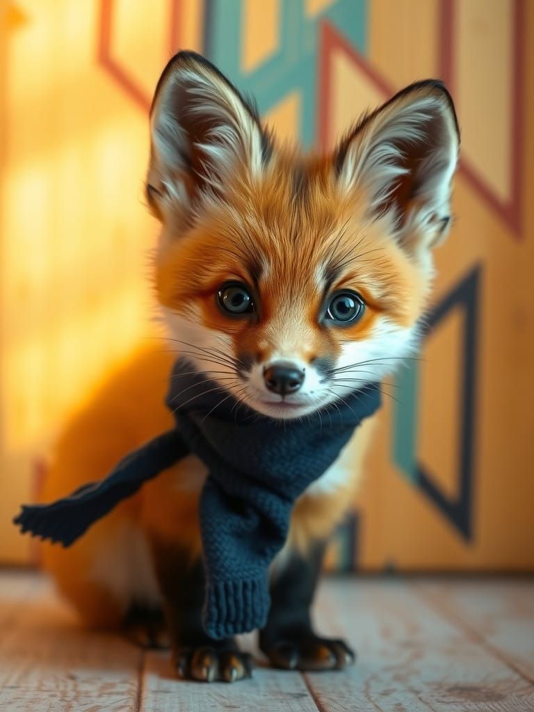 Whimsical Fox Kit in Navy Scarf with Abstract Wooden Backgro...
