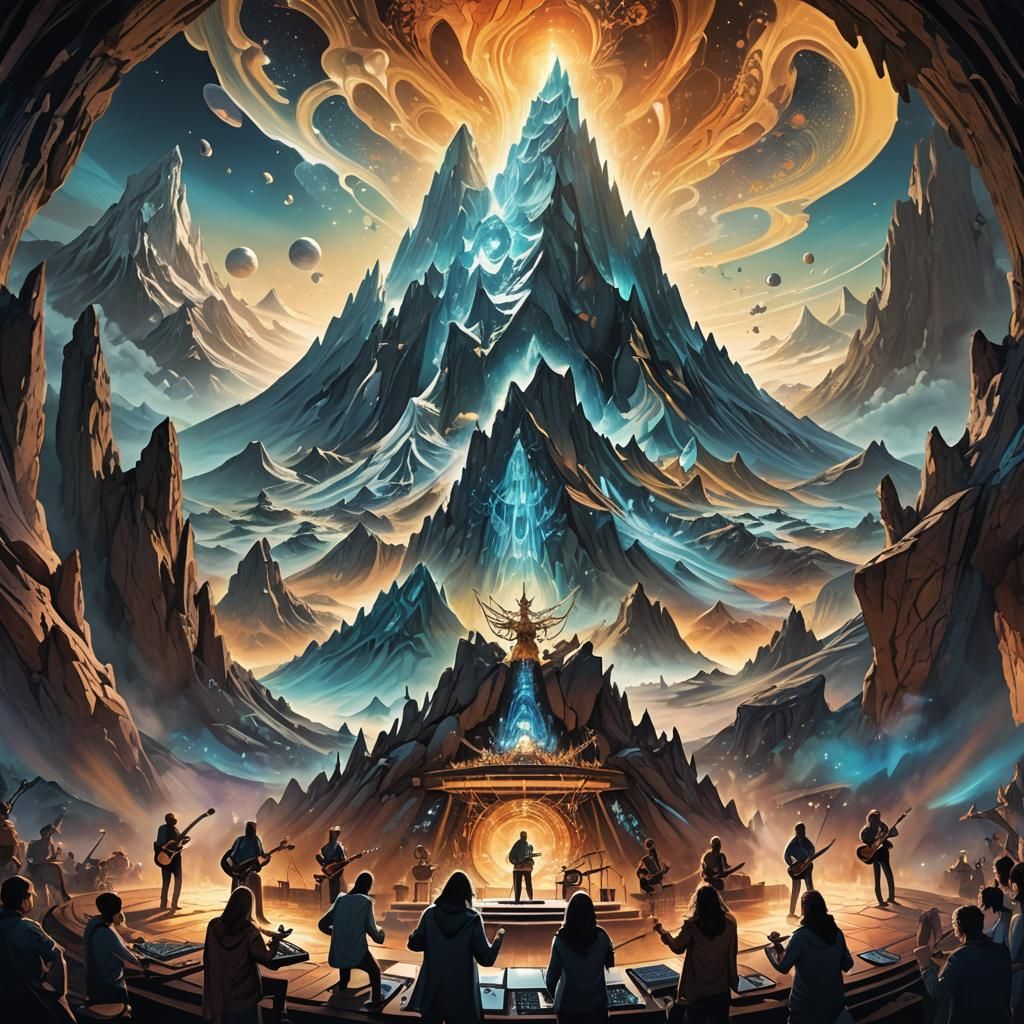 Rock Band on Glass Mountain Stage in Psychedelic Style