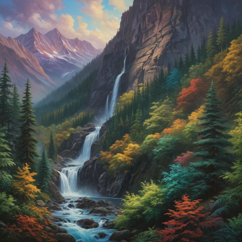 Majestic Mountain Range in Vibrant Oil Painting