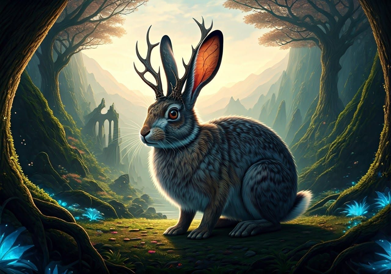 Majestic Jackalope in Enchanted High Fantasy Landscape