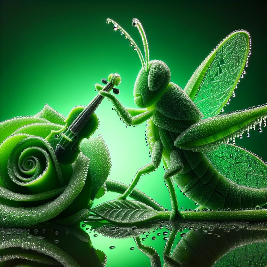 Dew Grasshopper Serenade on a Green Rose
