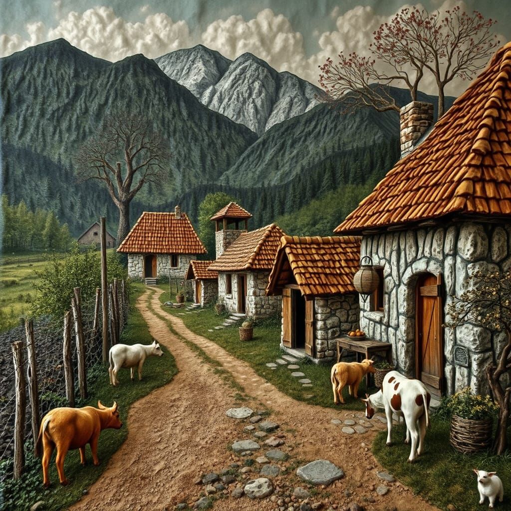 Encaustic Naive Village Scene with Animals