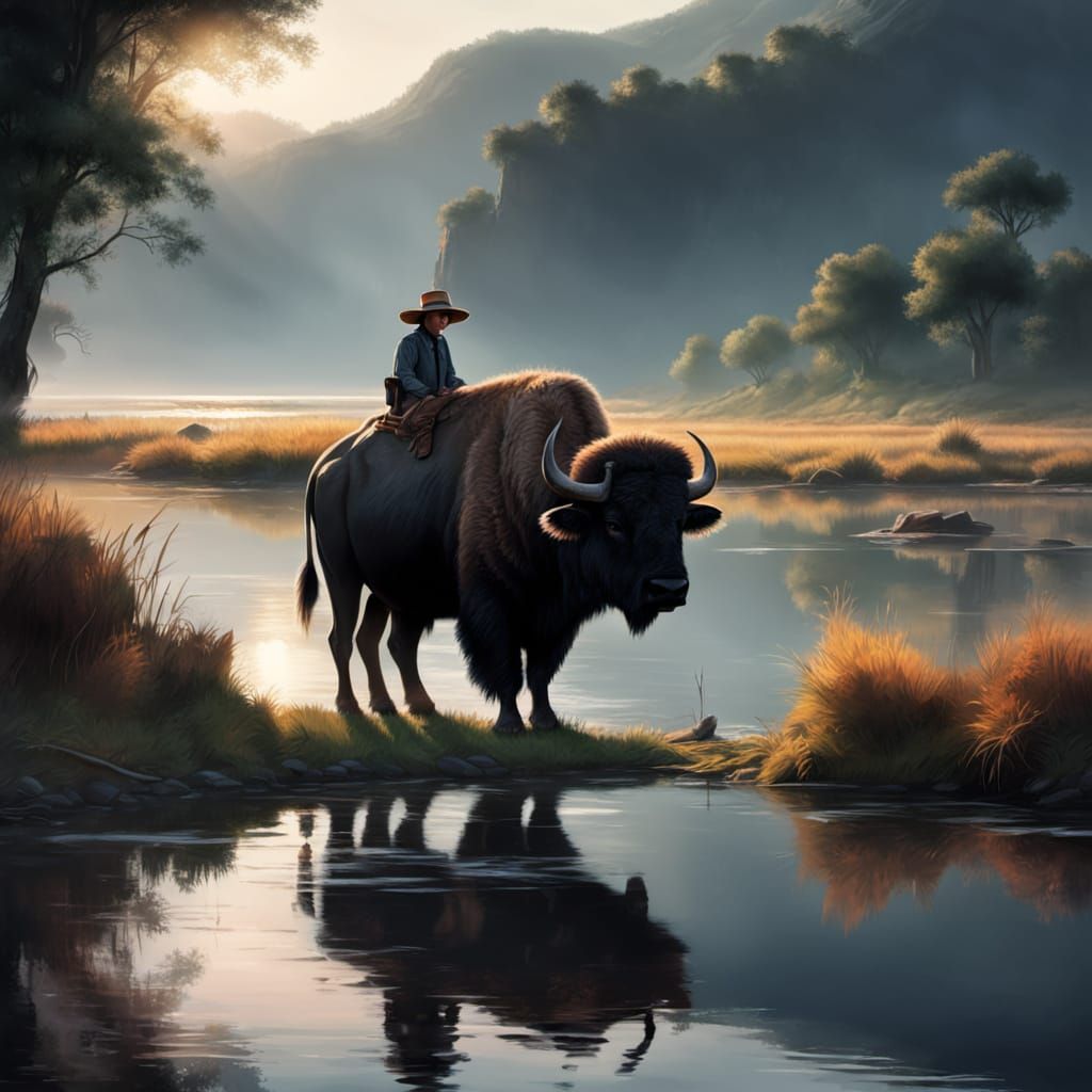 Majestic Buffalo and Boy by Serene River in Sunset Glow