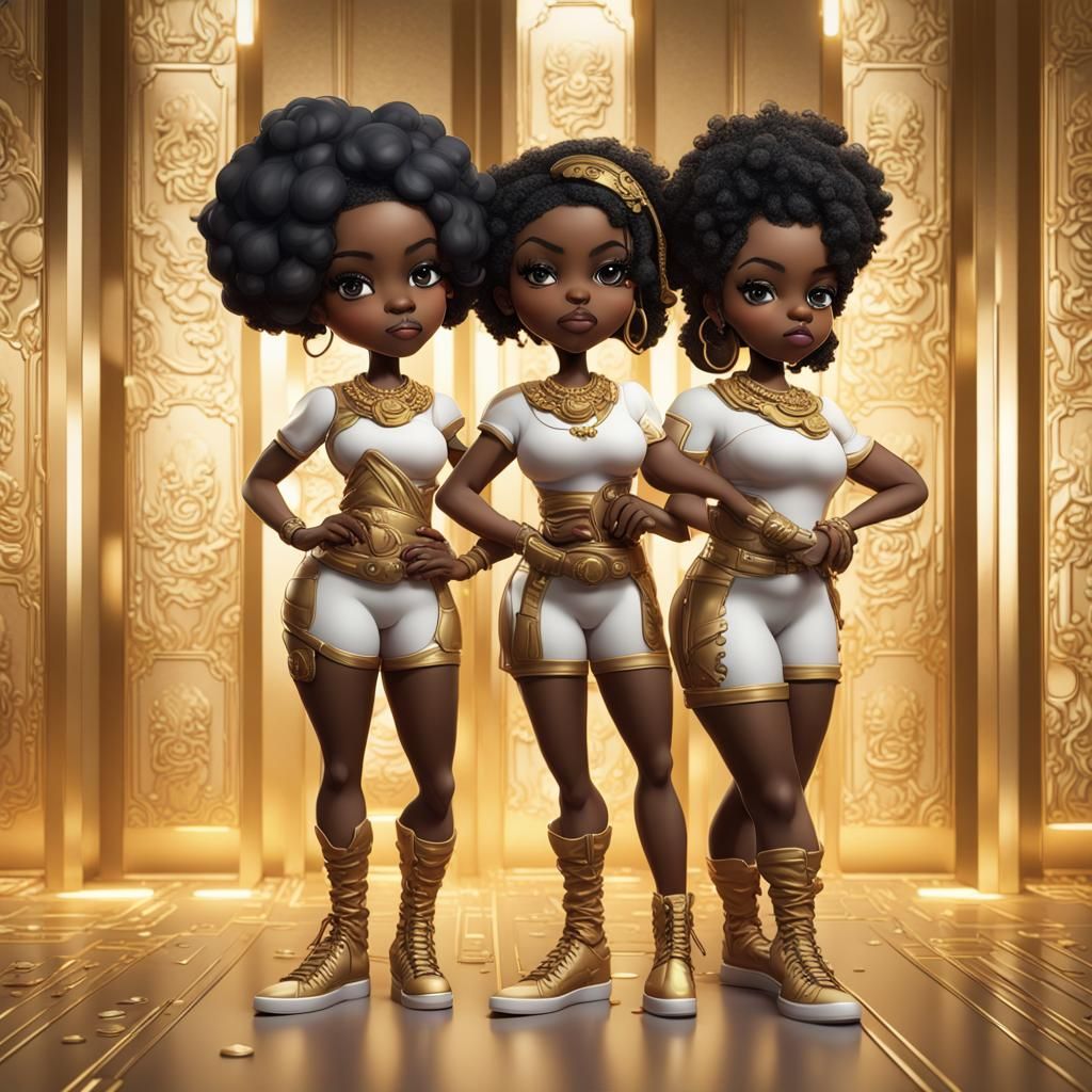 Chibi Women Posing in Front of Gold Wall