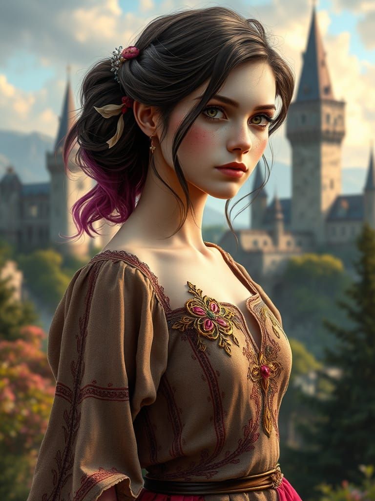 Medieval Princess in Fae Attire with Vibrant Castle Backgrou...