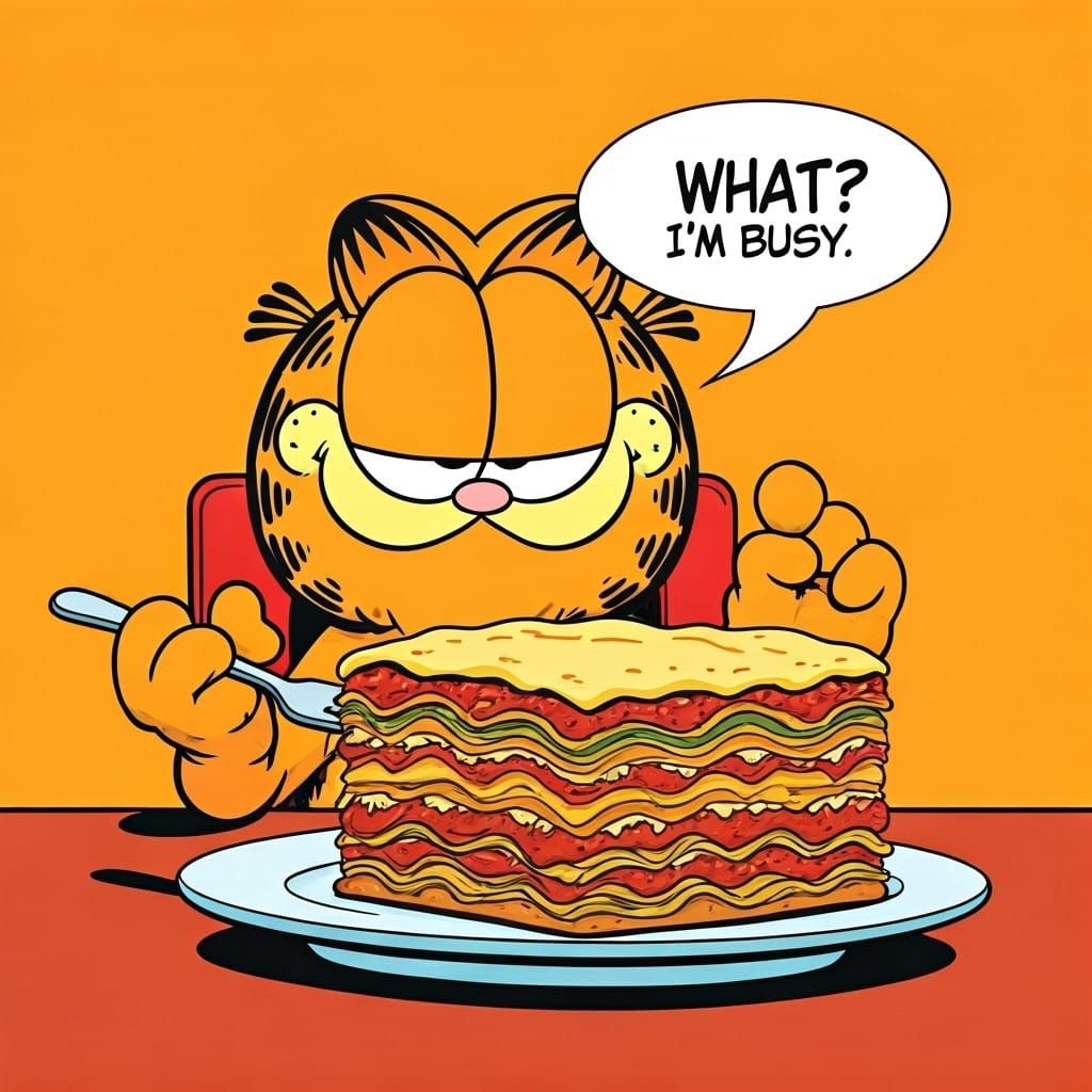 Garfield eating lasagne from a dish, speech bubble 'What? I'...