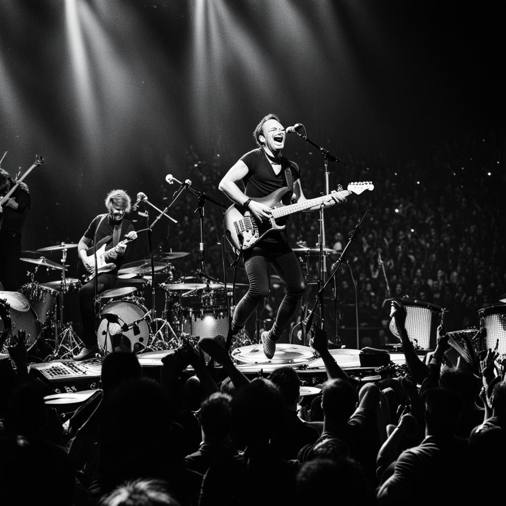 Energetic Rock Concert with Smiling Musicians